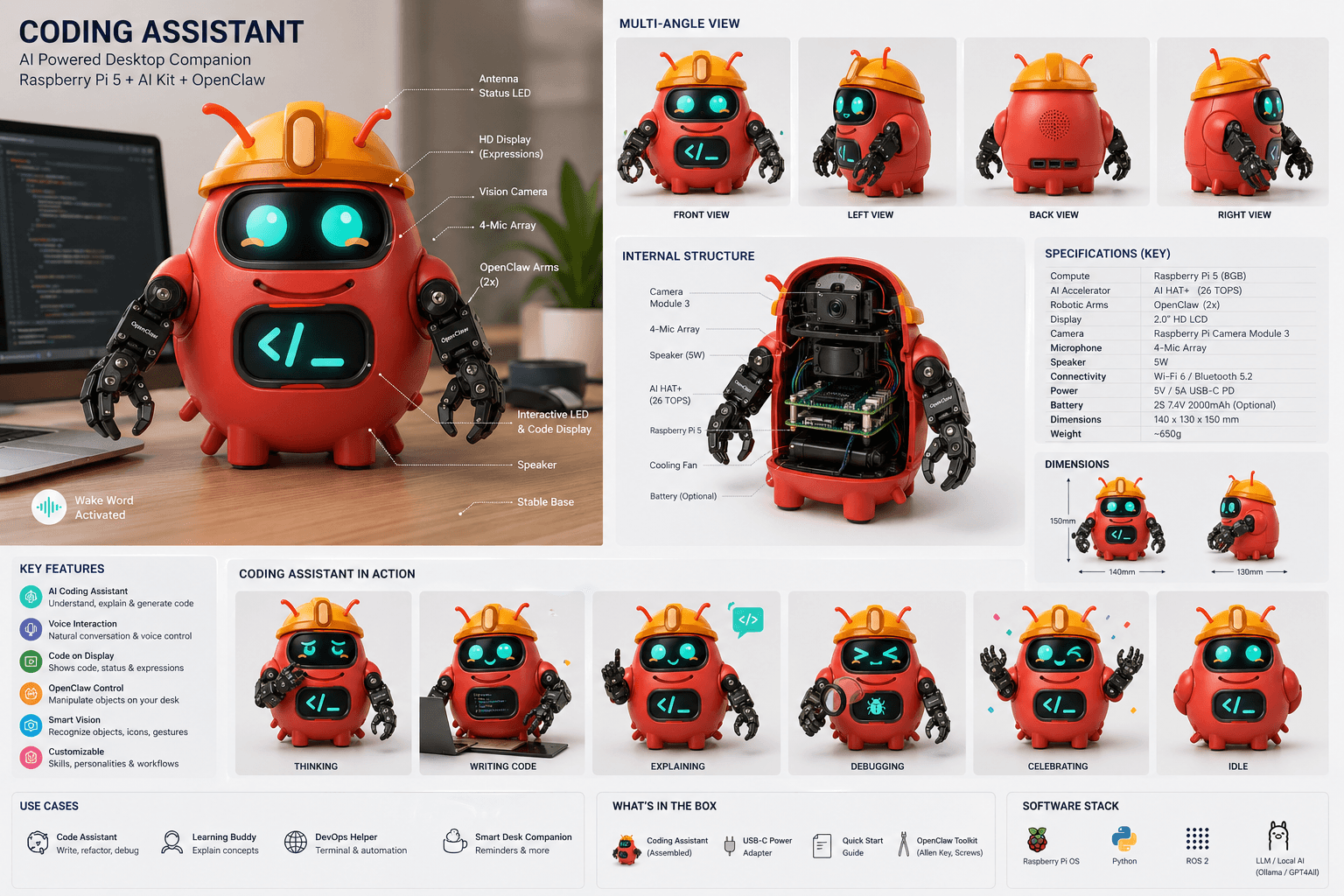 Coding Assistant — full product spec sheet with multi-angle views, internal structure, key features, and use cases